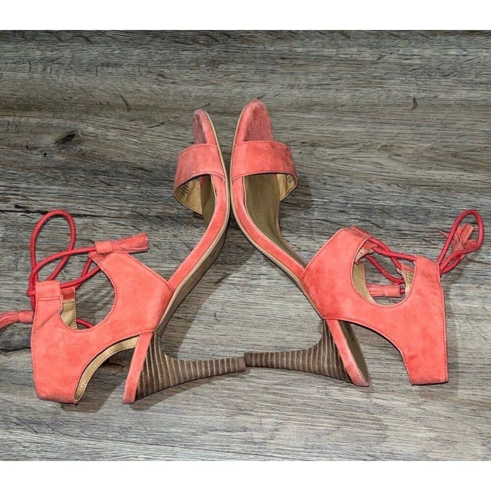 Lucky Brand Uzelia Coral Red Suede Ghillie Lace Up Caged Sandal Heels Size 8 - Picture 4 of 6